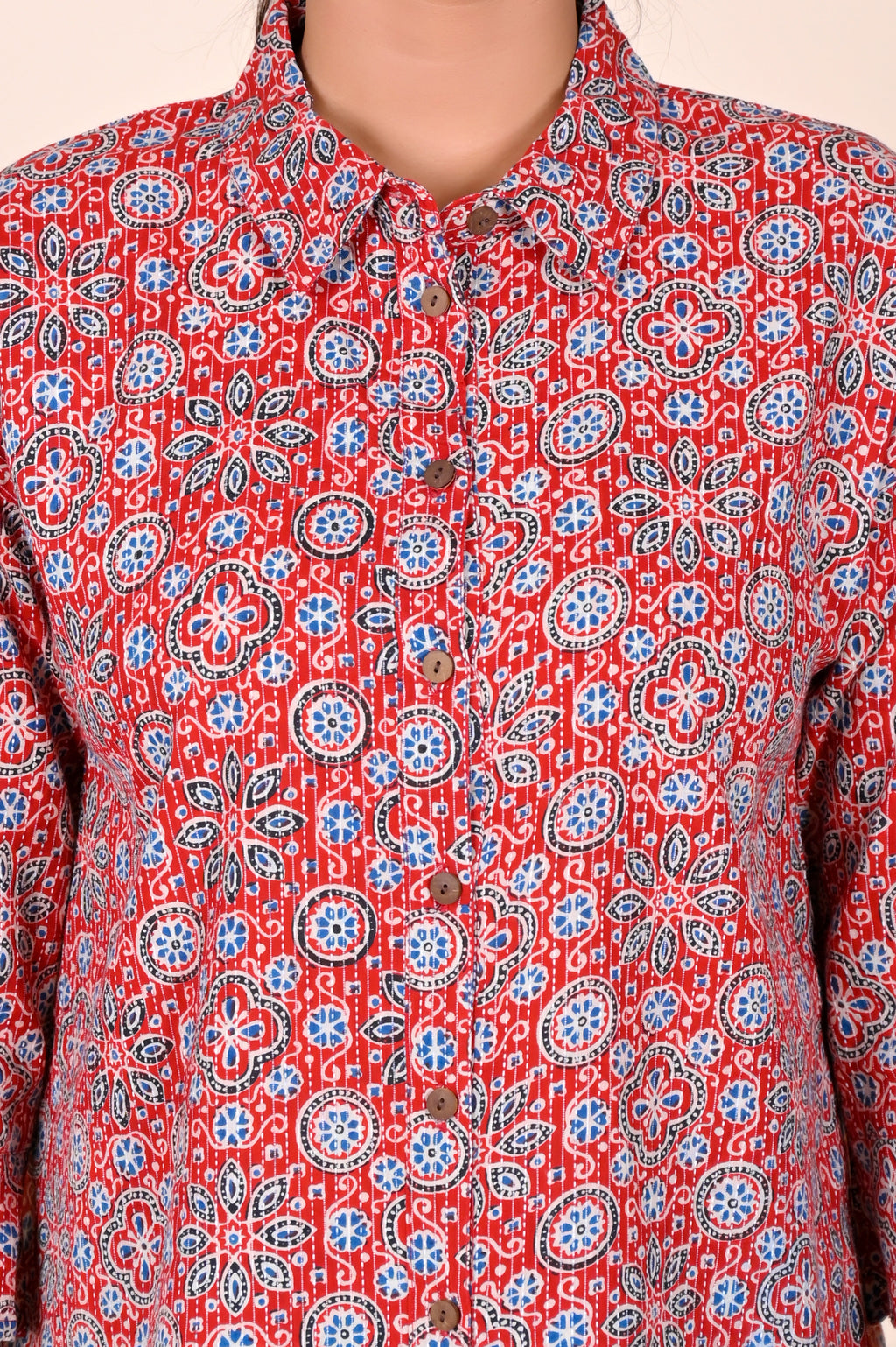Women's Katha Work Pure Cotton Shirt – Red Ajrakh Buti Design