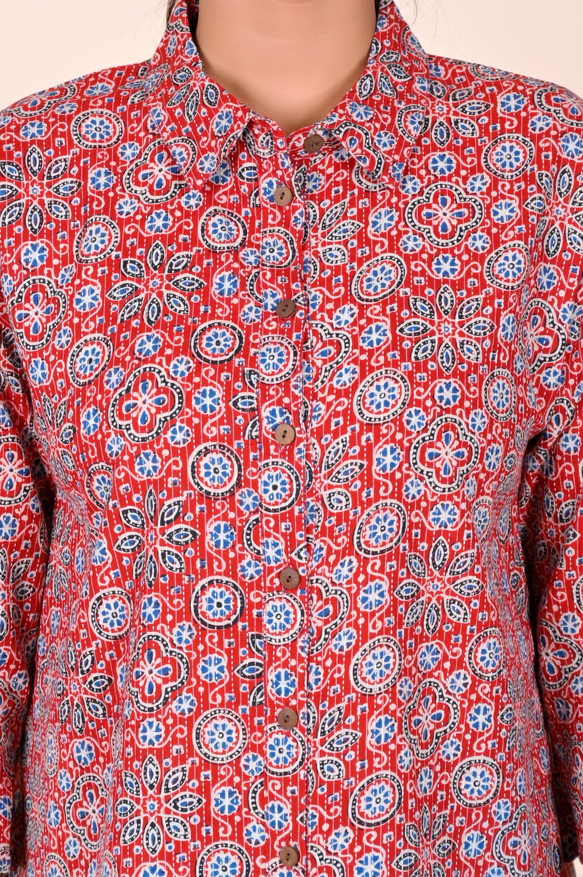 Women's Katha Work Pure Cotton Shirt – Red Ajrakh Buti Design