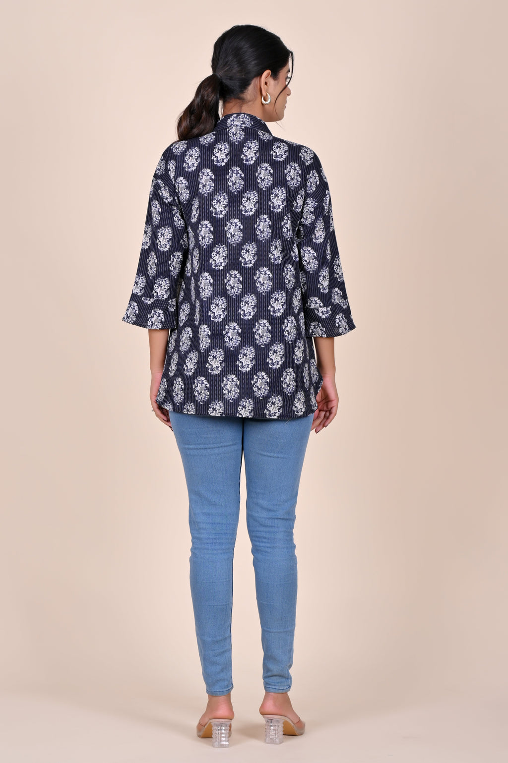 Women's Katha Work Pure Cotton Shirt – Black Big Buti Design