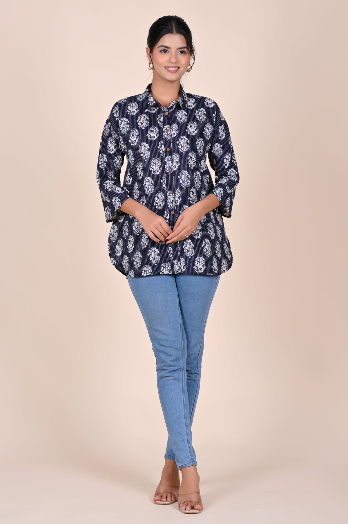Women's Katha Work Pure Cotton Shirt – Black Big Buti Design