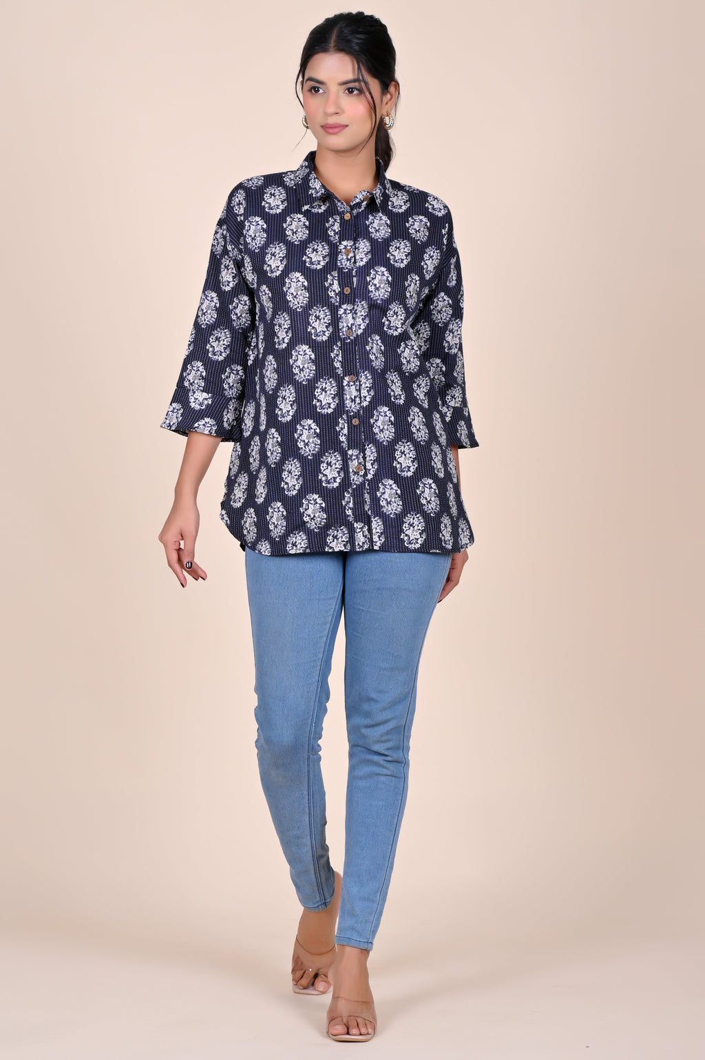 Women's Katha Work Pure Cotton Shirt – Black Big Buti Design