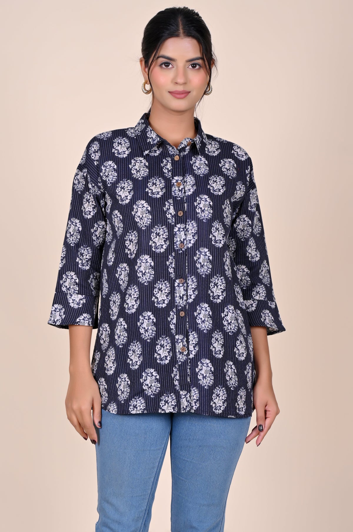 Women's Katha Work Pure Cotton Shirt – Black Big Buti Design