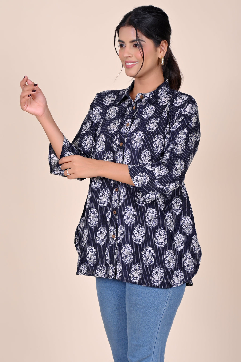 Women's Katha Work Pure Cotton Shirt – Black Big Buti Design