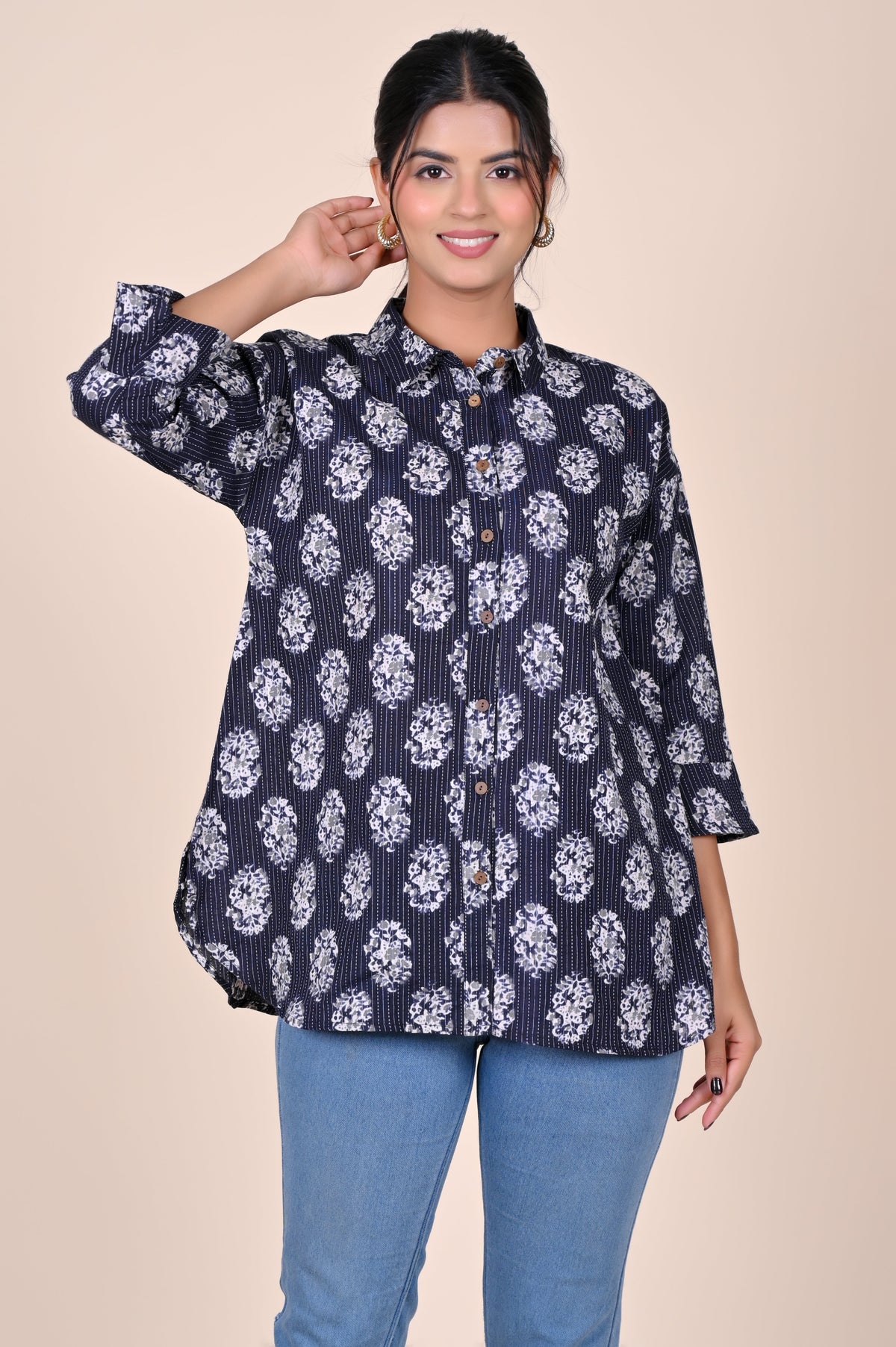 Women's Katha Work Pure Cotton Shirt – Black Big Buti Design