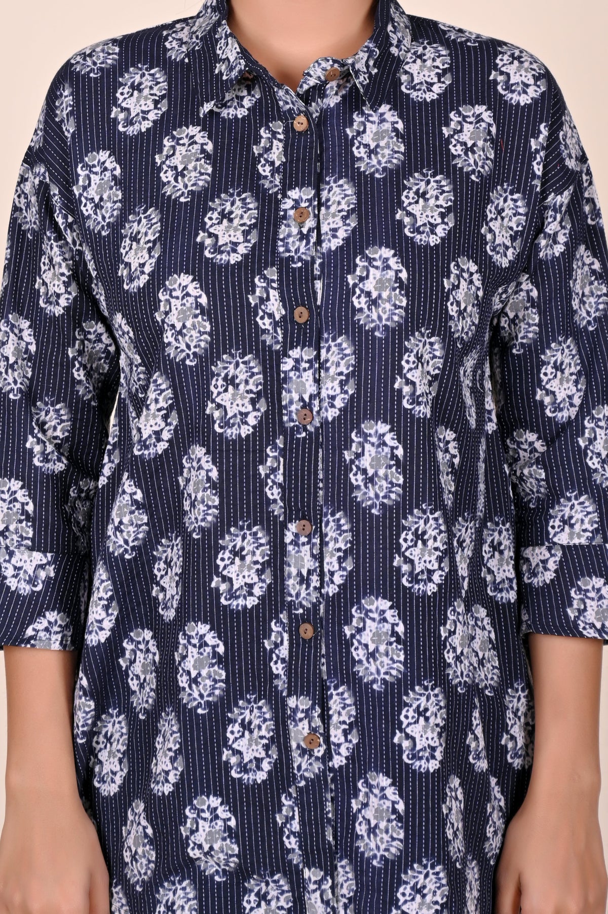 Women's Katha Work Pure Cotton Shirt – Black Big Buti Design