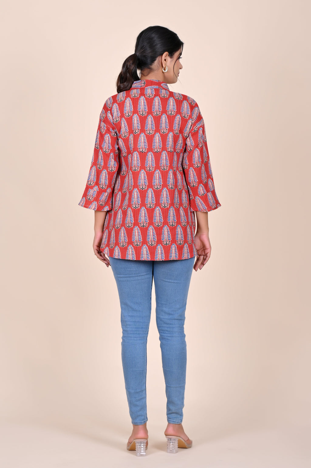 Women's Katha Work Pure Cotton Shirt – Red Azrakh Leaf Buti Design