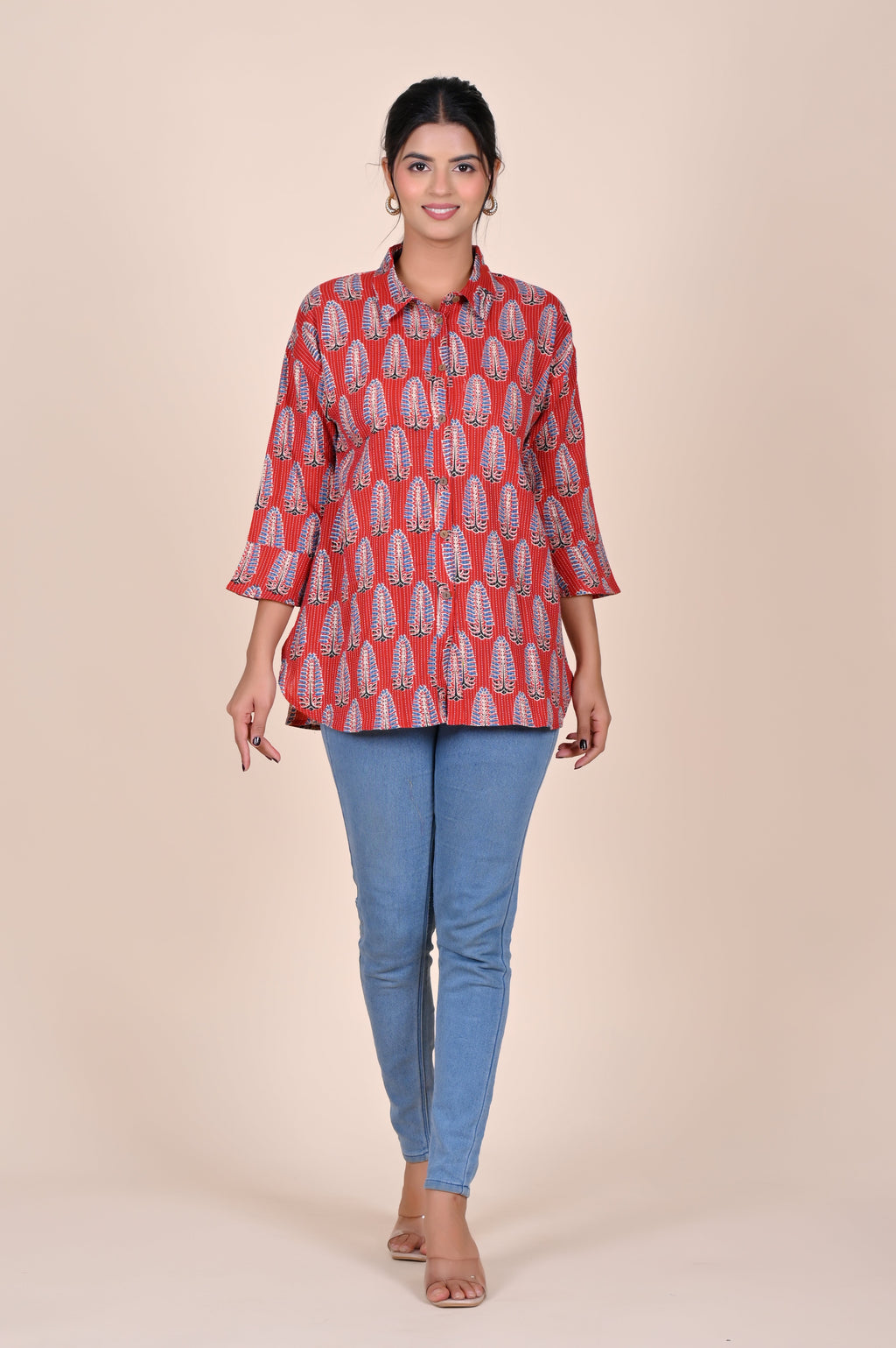 Women's Katha Work Pure Cotton Shirt – Red Azrakh Leaf Buti Design