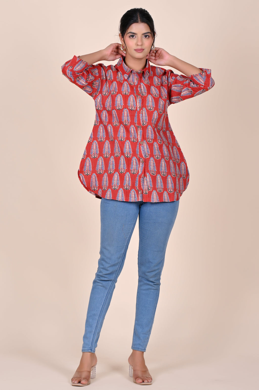 Women's Katha Work Pure Cotton Shirt – Red Azrakh Leaf Buti Design