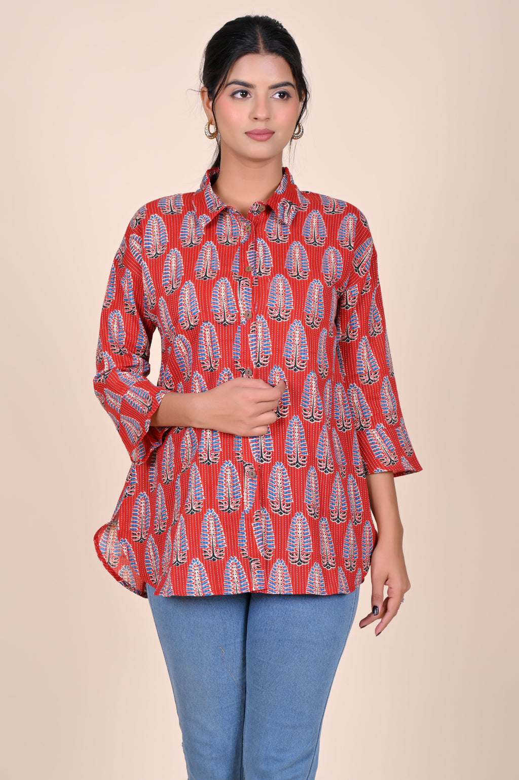 Women's Katha Work Pure Cotton Shirt – Red Azrakh Leaf Buti Design