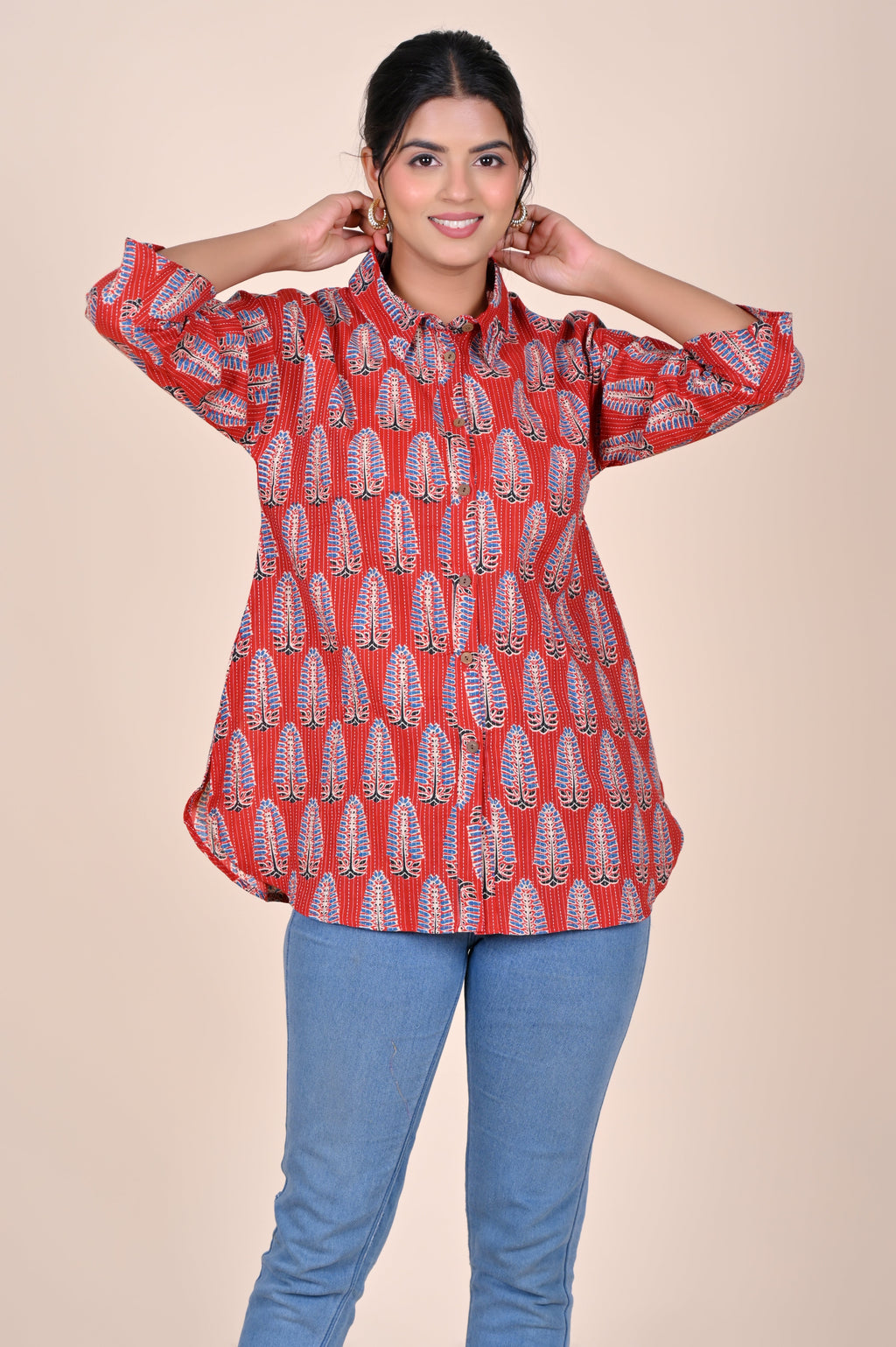 Women's Katha Work Pure Cotton Shirt – Red Azrakh Leaf Buti Design