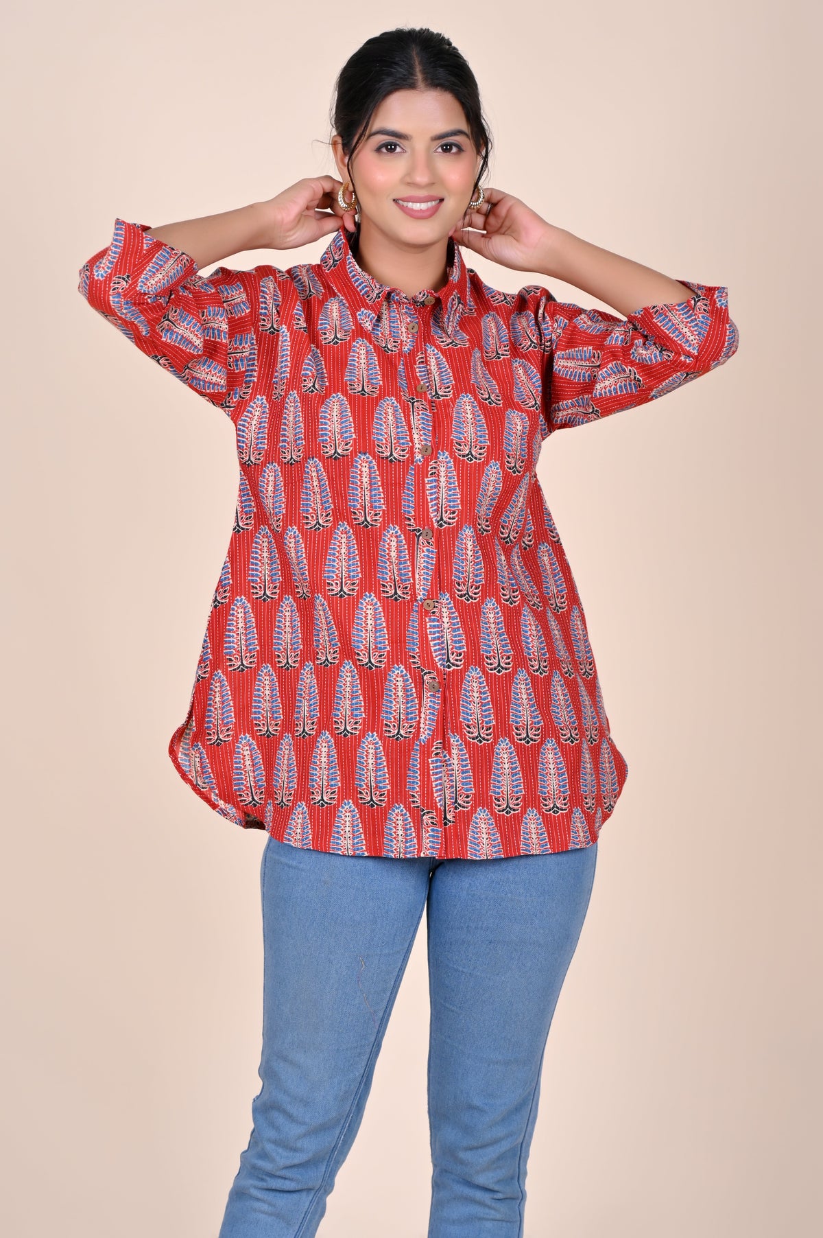 Women's Katha Work Pure Cotton Shirt – Red Azrakh Leaf Buti Design