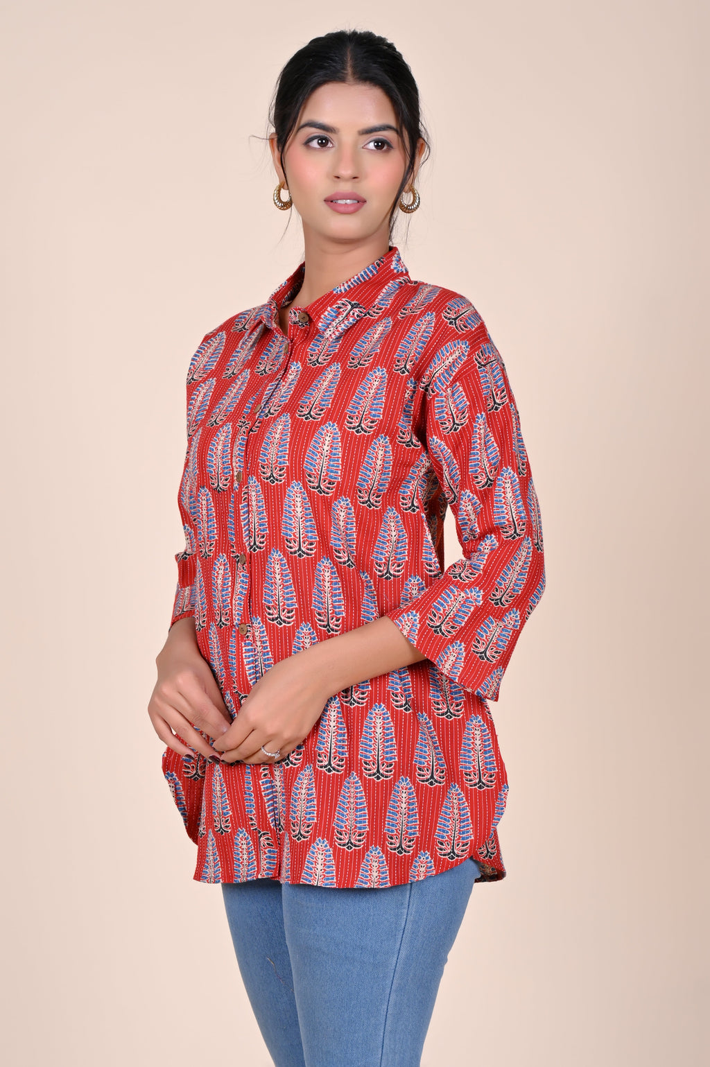 Women's Katha Work Pure Cotton Shirt – Red Azrakh Leaf Buti Design