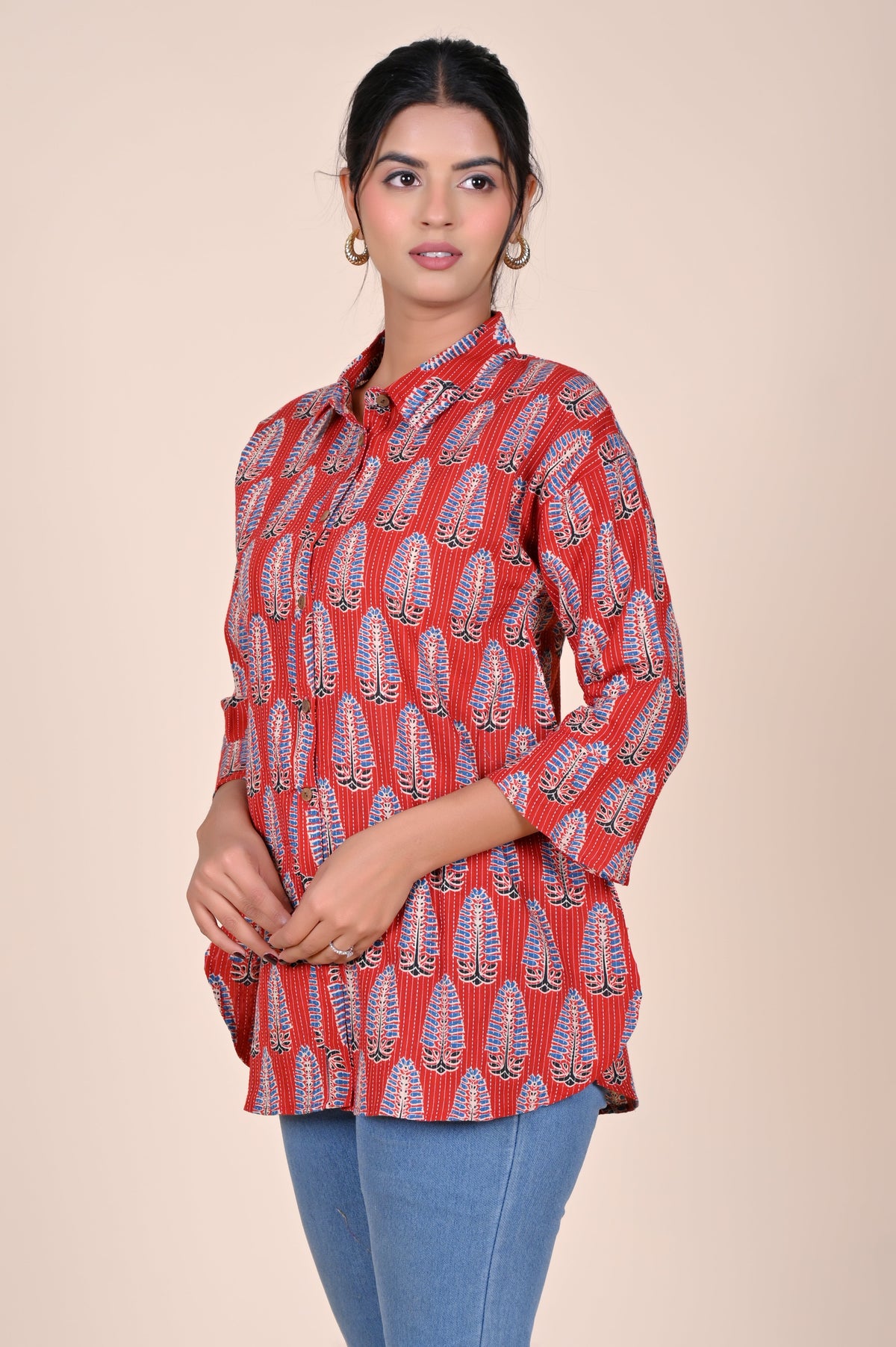Women's Katha Work Pure Cotton Shirt – Red Azrakh Leaf Buti Design