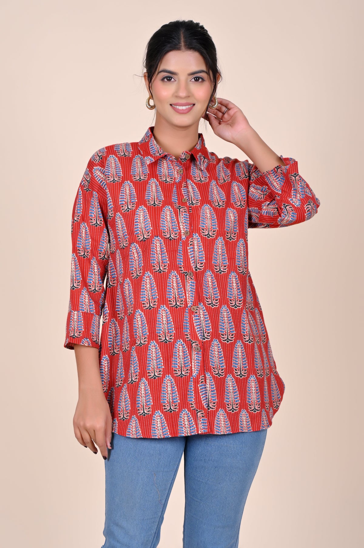 Women's Katha Work Pure Cotton Shirt – Red Azrakh Leaf Buti Design