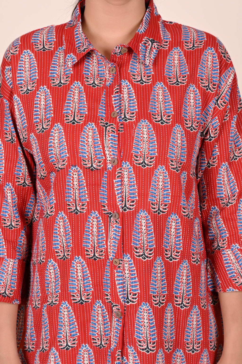 Women's Katha Work Pure Cotton Shirt – Red Azrakh Leaf Buti Design