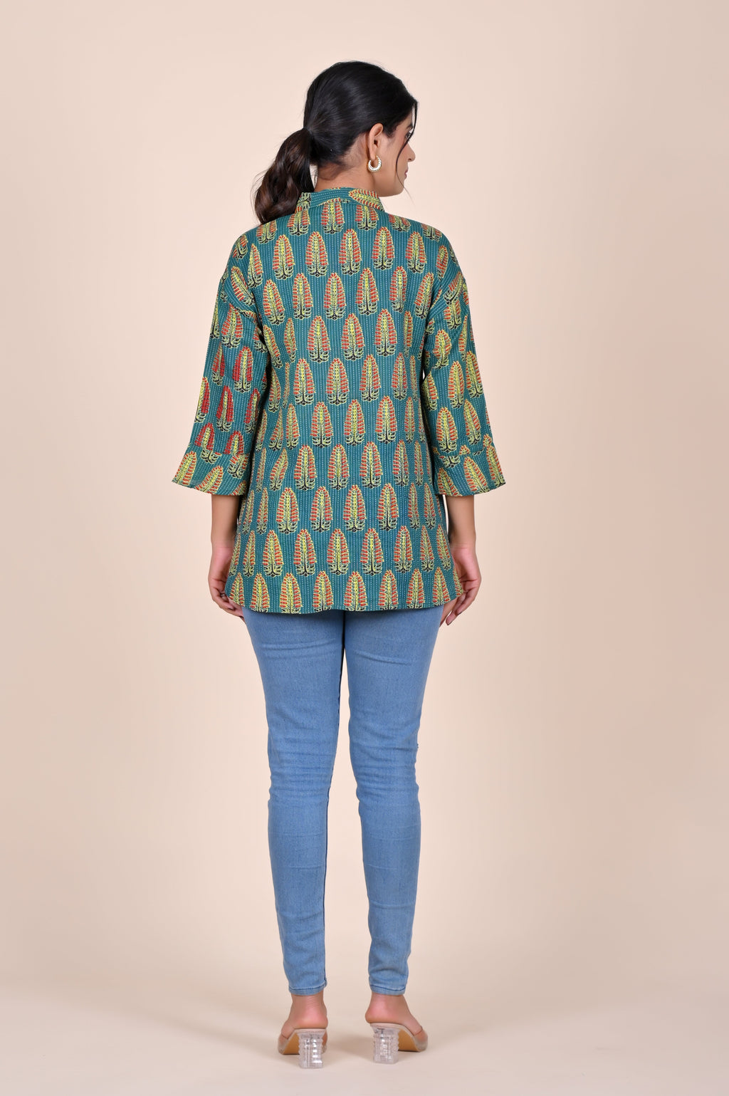 Women's Katha Work Pure Cotton Shirt – Teal Leaf Buti Design