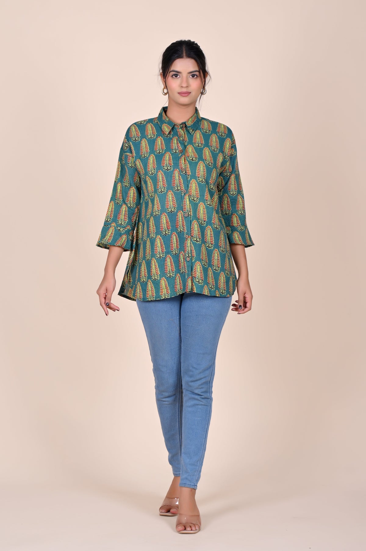 Women's Katha Work Pure Cotton Shirt – Teal Leaf Buti Design