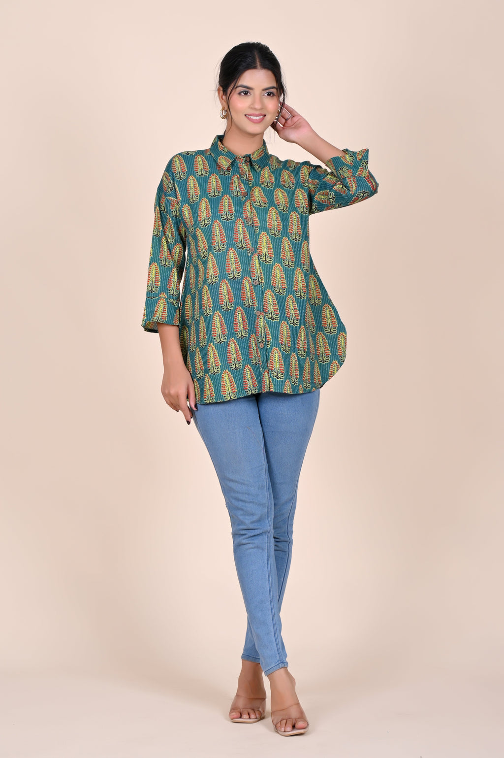 Women's Katha Work Pure Cotton Shirt – Teal Leaf Buti Design