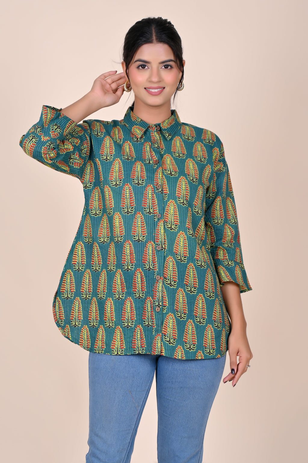 Women's Katha Work Pure Cotton Shirt – Teal Leaf Buti Design