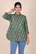 Women's Katha Work Pure Cotton Shirt – Teal Leaf Buti Design