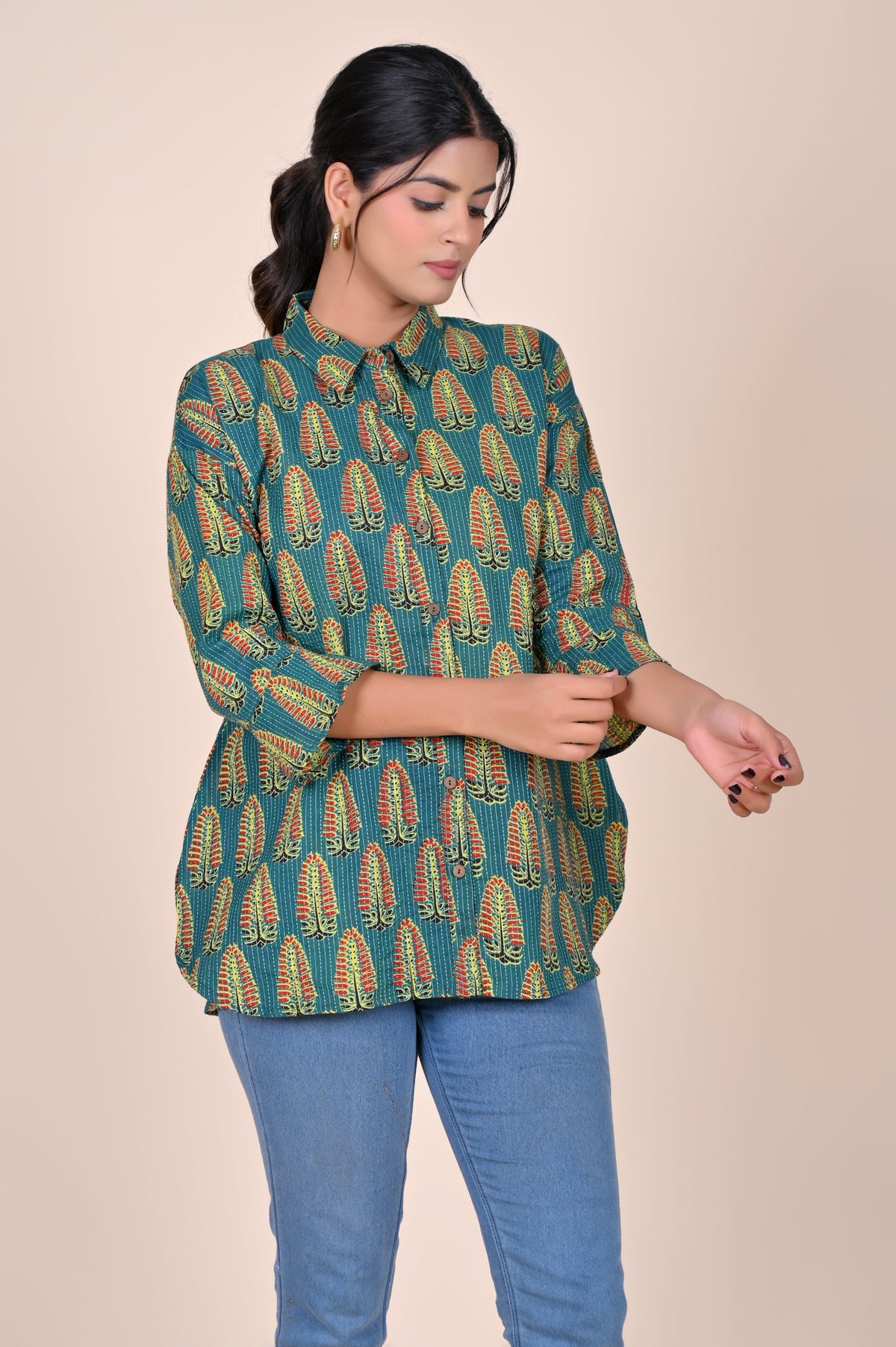 Women's Katha Work Pure Cotton Shirt – Teal Leaf Buti Design