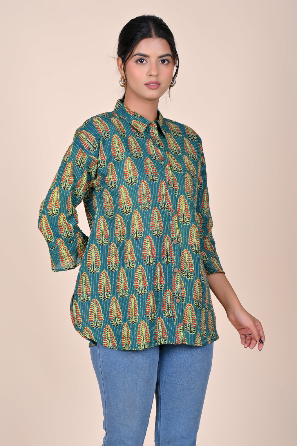 Women's Katha Work Pure Cotton Shirt – Teal Leaf Buti Design