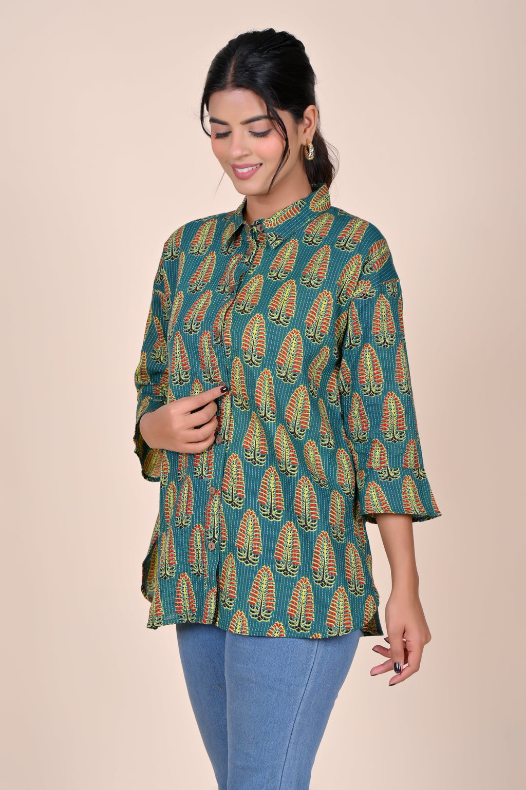 Women's Katha Work Pure Cotton Shirt – Teal Leaf Buti Design
