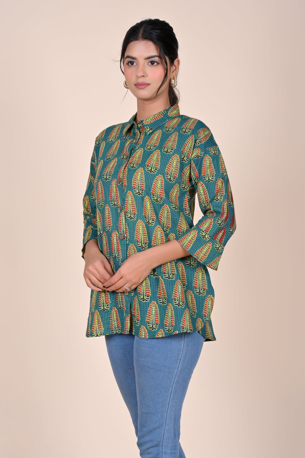 Women's Katha Work Pure Cotton Shirt – Teal Leaf Buti Design