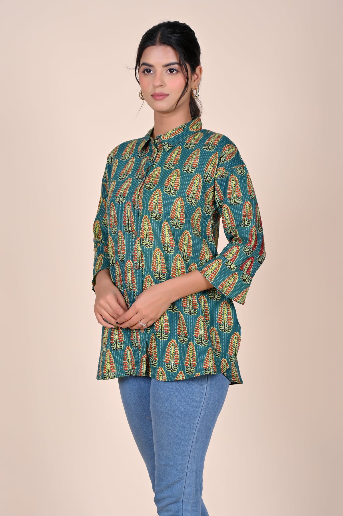 Women's Katha Work Pure Cotton Shirt – Teal Leaf Buti Design