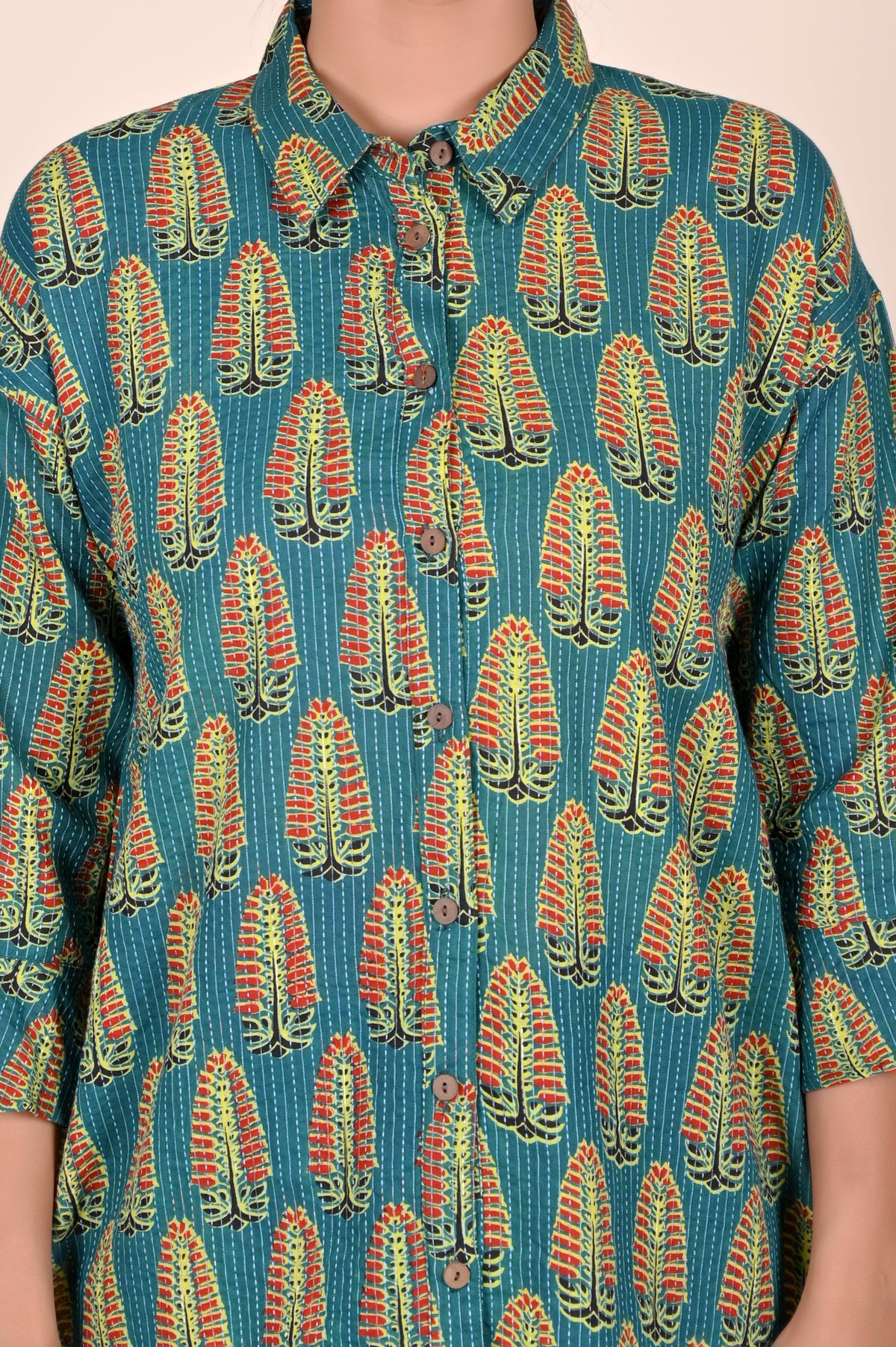 Women's Katha Work Pure Cotton Shirt – Teal Leaf Buti Design