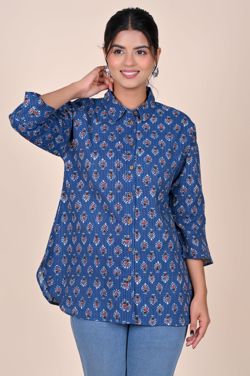 Women's Katha Work Pure Cotton Shirt – Indigo Floral Buti Design