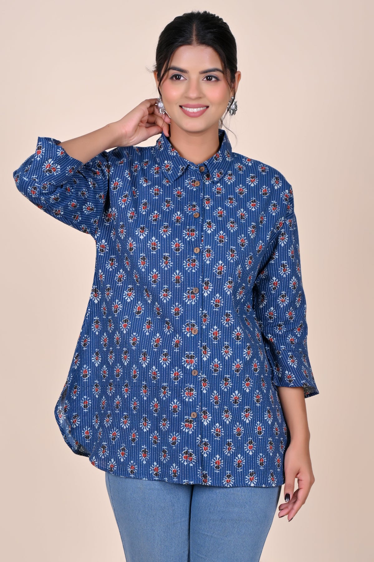 Women's Katha Work Pure Cotton Shirt – Indigo Floral Buti Design