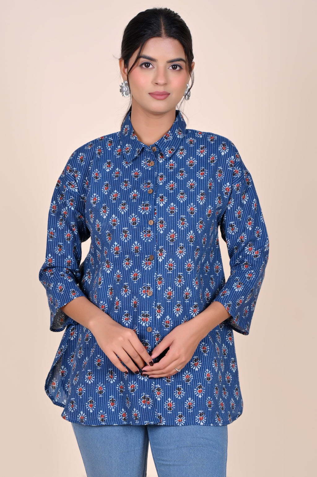 Women's Katha Work Pure Cotton Shirt – Indigo Floral Buti Design