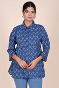 Women's Katha Work Pure Cotton Shirt – Indigo Floral Buti Design