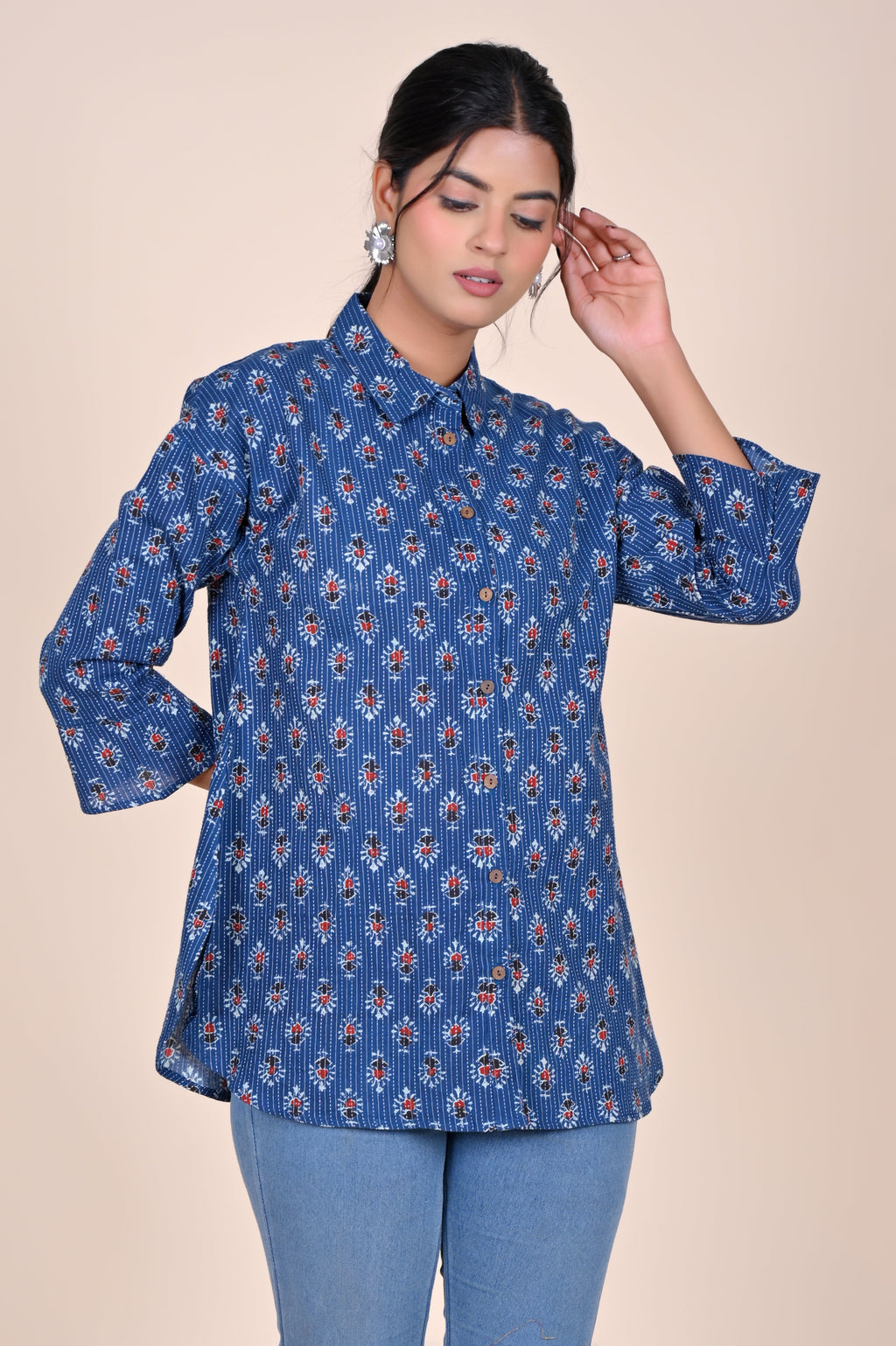 Women's Katha Work Pure Cotton Shirt – Indigo Floral Buti Design