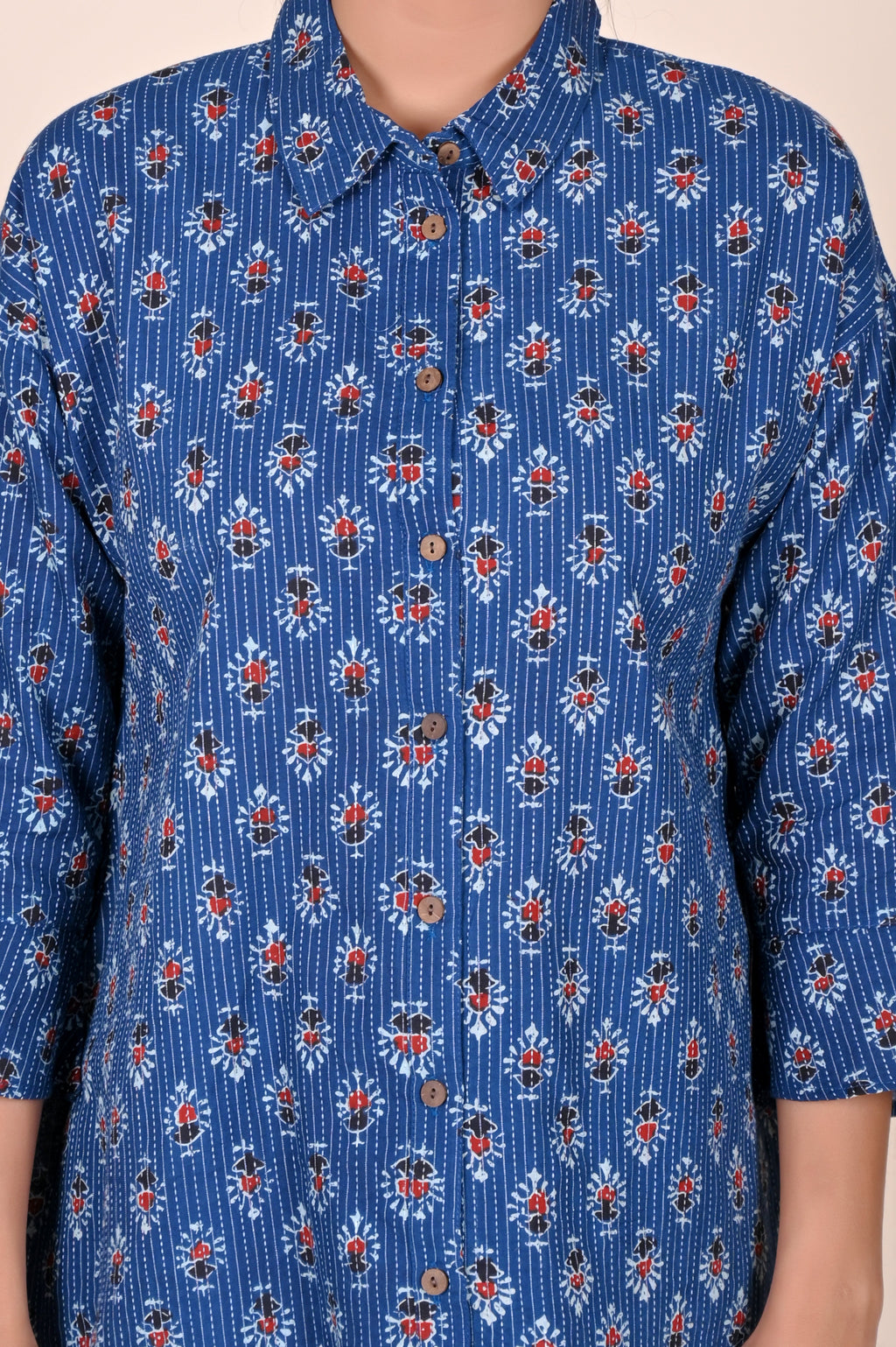 Women's Katha Work Pure Cotton Shirt – Indigo Floral Buti Design