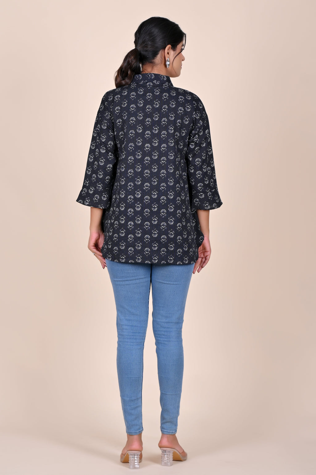 Women's Katha Work Pure Cotton Shirt – Black and White Floral Buti Design