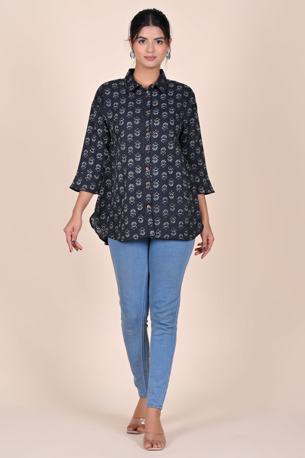 Women's Katha Work Pure Cotton Shirt – Black and White Floral Buti Design