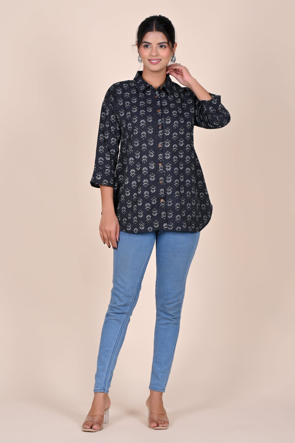 Women's Katha Work Pure Cotton Shirt – Black and White Floral Buti Design