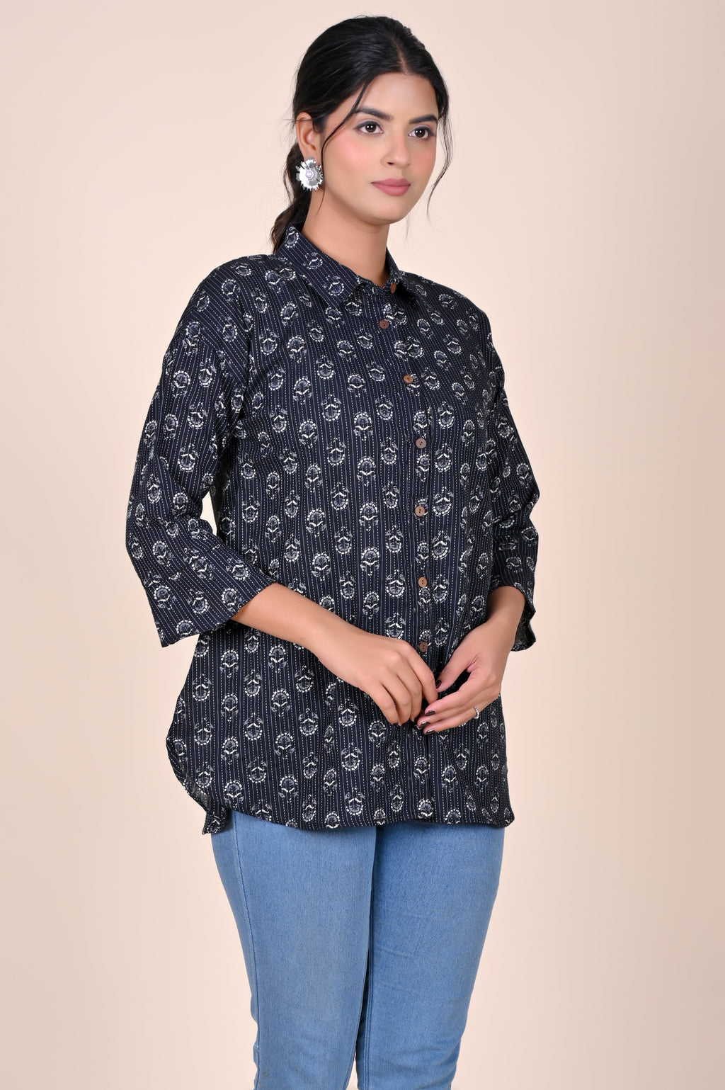 Women's Katha Work Pure Cotton Shirt – Black and White Floral Buti Design