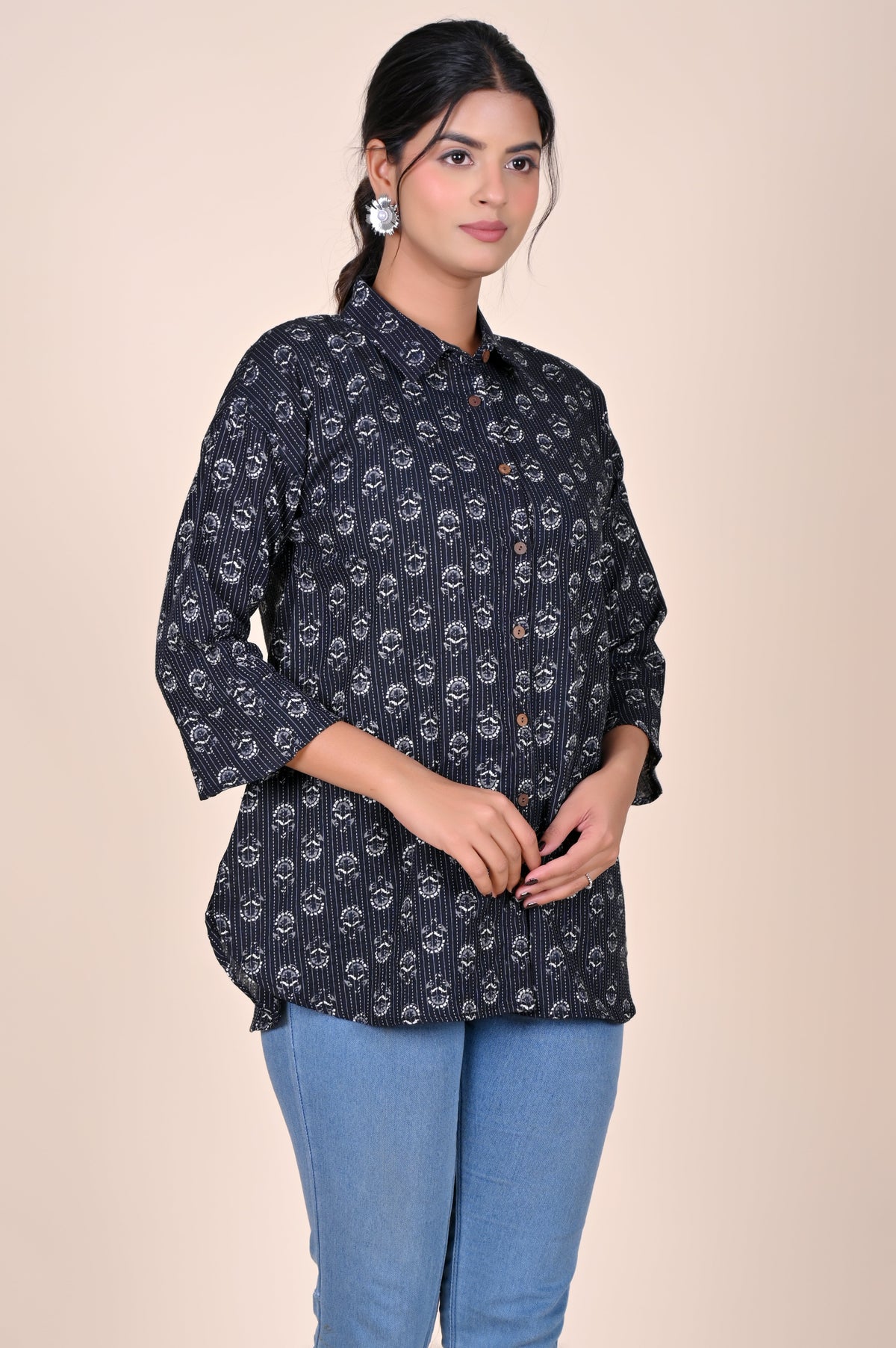 Women's Katha Work Pure Cotton Shirt – Black and White Floral Buti Design