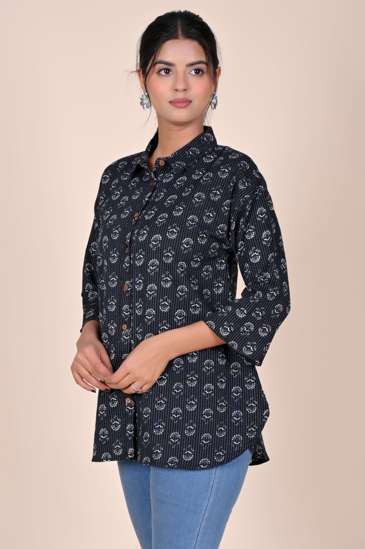 Women's Katha Work Pure Cotton Shirt – Black and White Floral Buti Design