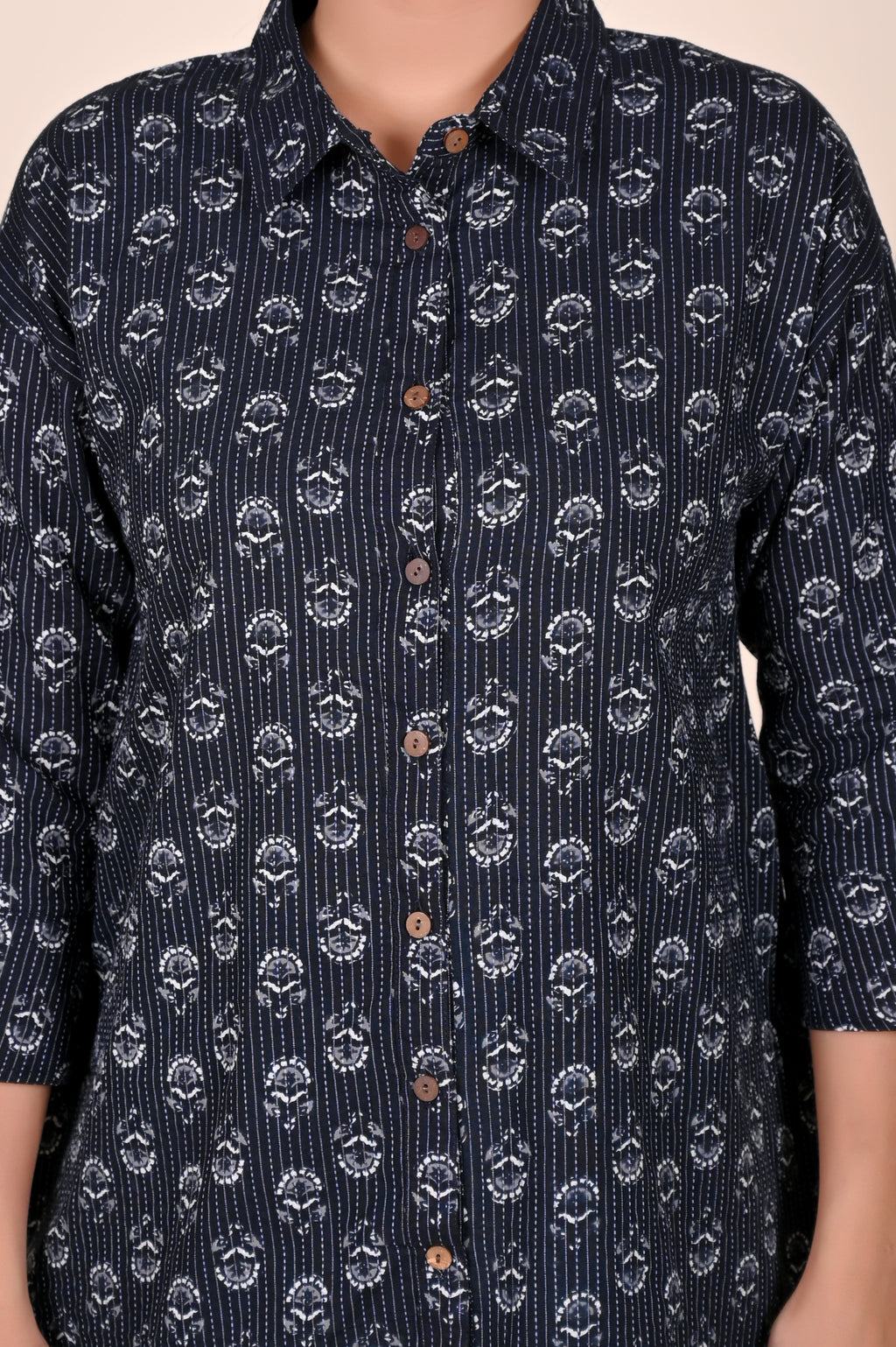 Women's Katha Work Pure Cotton Shirt – Black and White Floral Buti Design