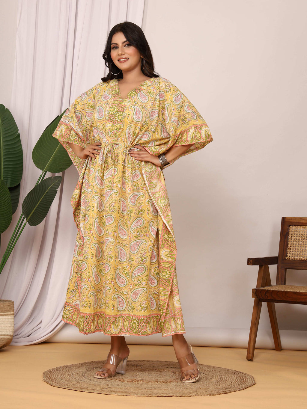 Sanganeri Print Yellow & Green Paisley Cotton Kaftan