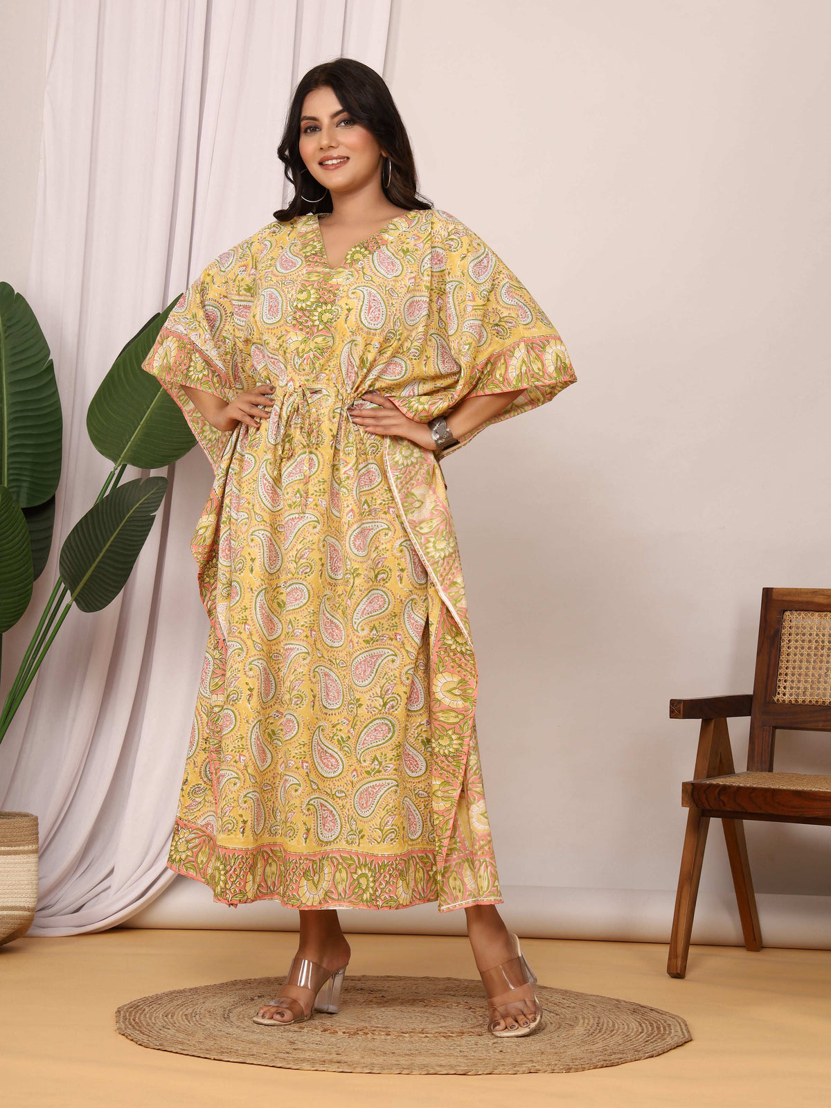 Sanganeri Print Yellow & Green Paisley Cotton Kaftan
