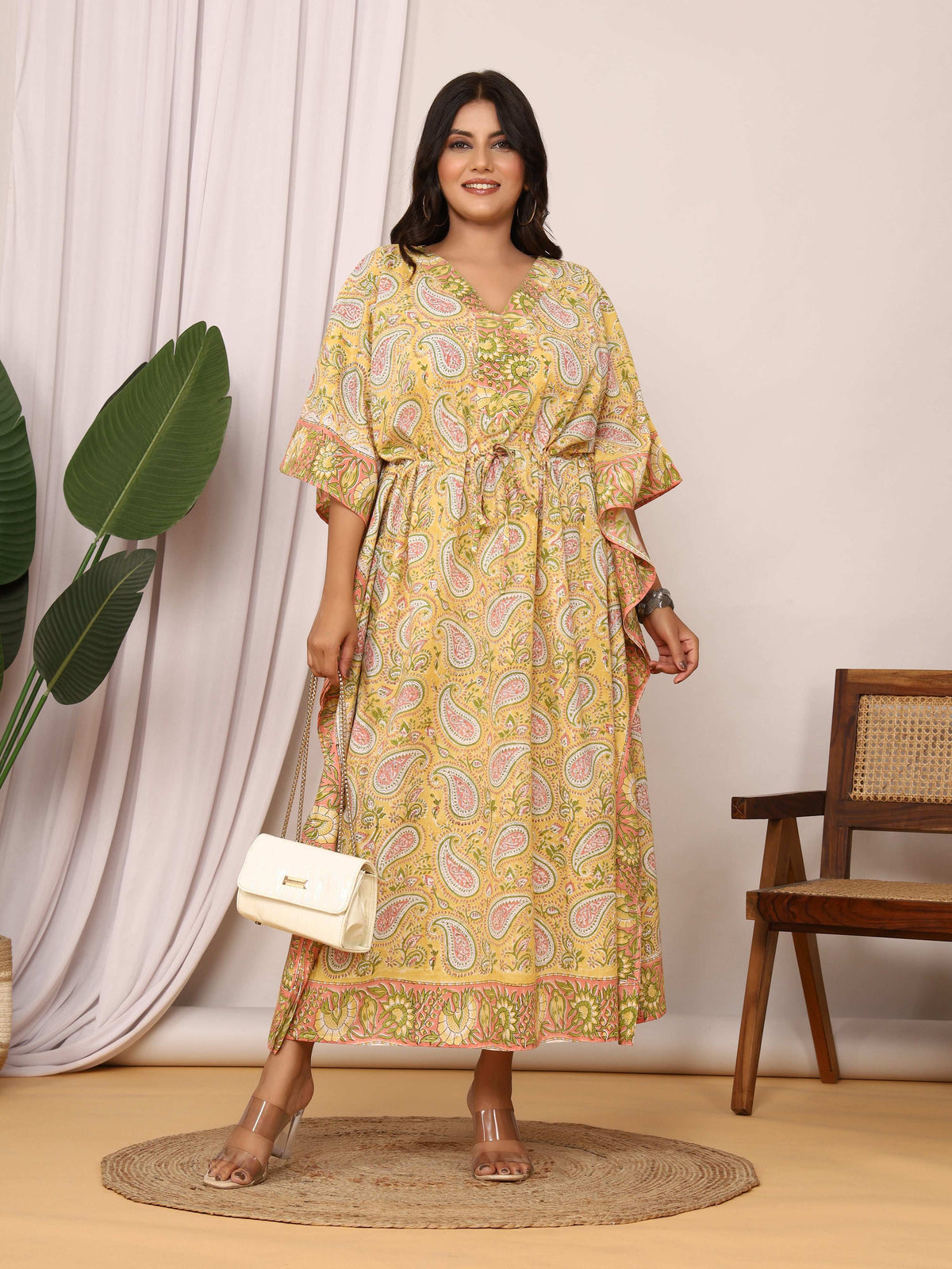Sanganeri Print Yellow & Green Paisley Cotton Kaftan
