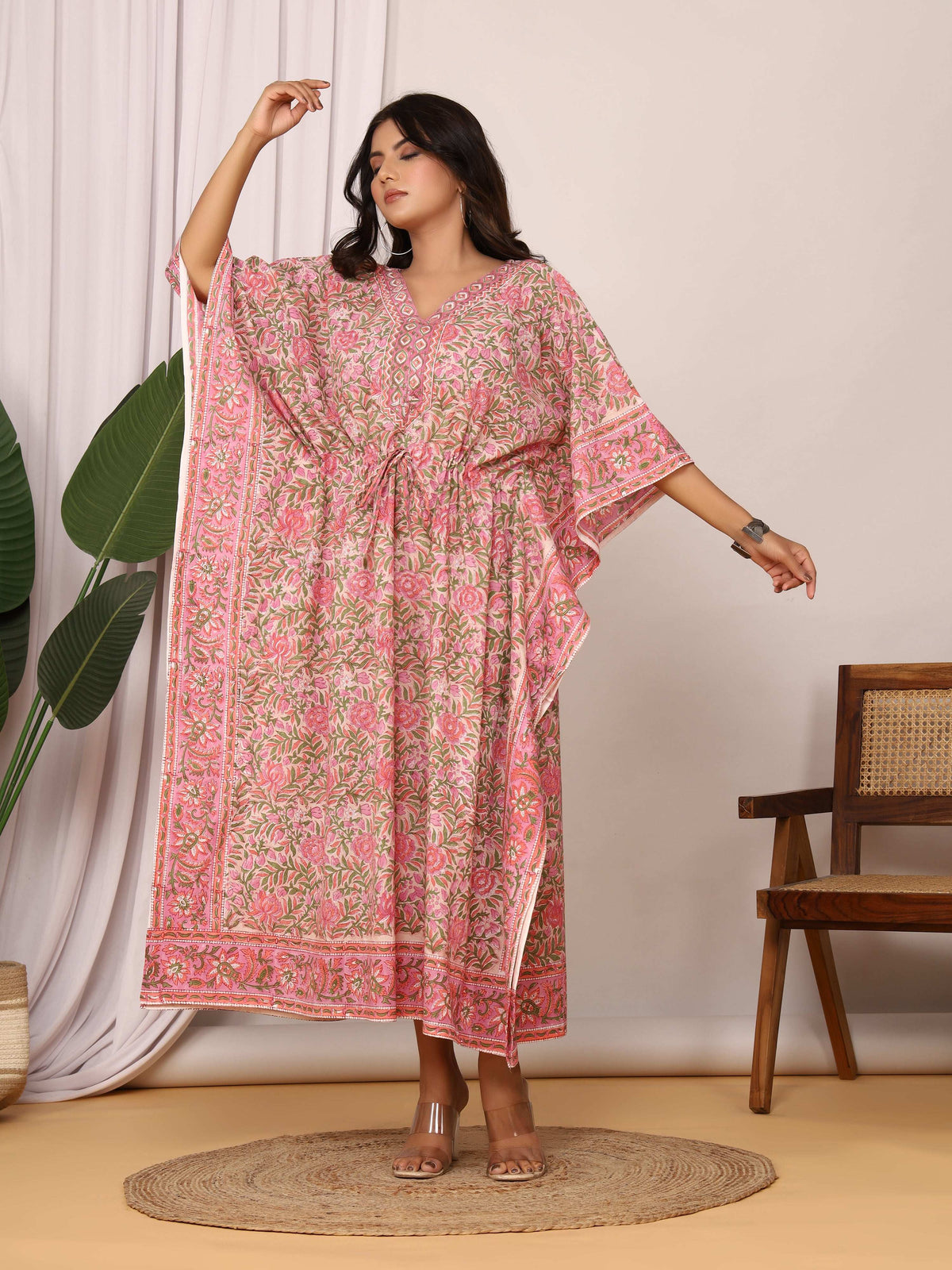 Sanganeri Print Pink & Green Floral Cotton Kaftan