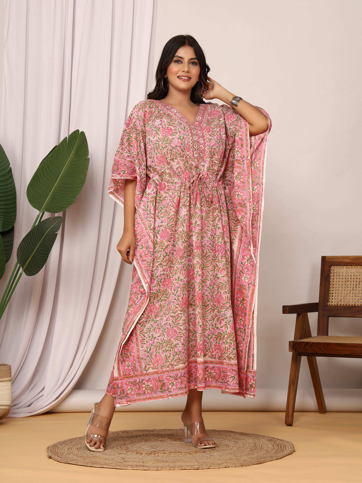 Sanganeri Print Pink & Green Floral Cotton Kaftan