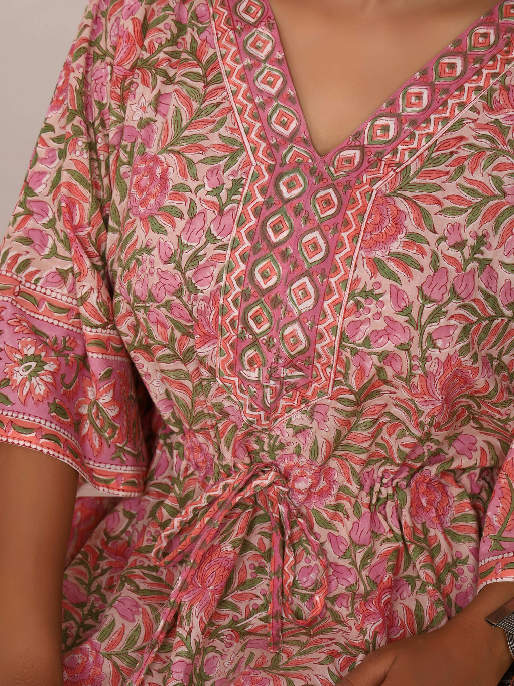 Sanganeri Print Pink & Green Floral Cotton Kaftan