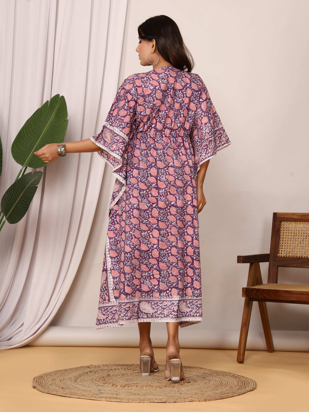 Sanganeri Print Purple & Pink Cotton Kaftan